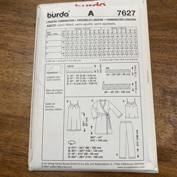 Burda Sewing Pattern #7627 Lingerie Camisole Nightdress Robe Pants 10-24 UNCUT - Picture 4 of 6